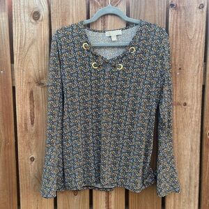 Michael Kors Black and Gold Leaf Print Top